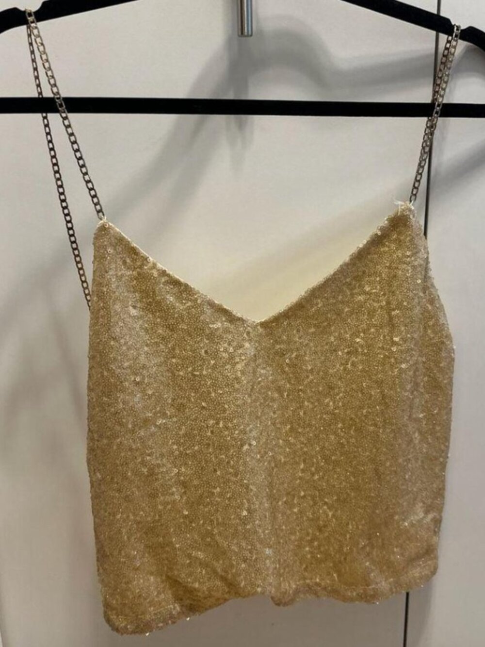 superdown Gold Sequin Crop Tank Top with Chain Straps